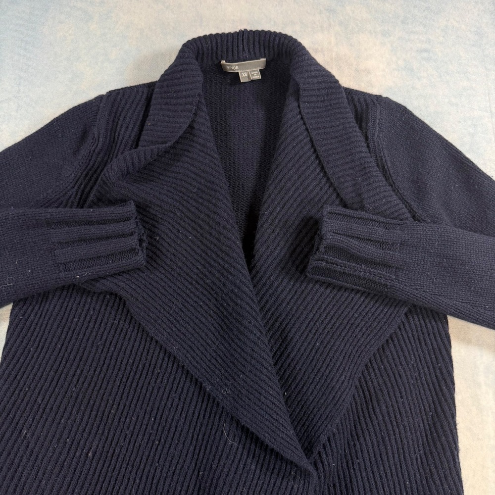 Vince Cardigan Womens XS Navy Blue Excellent Yak Wool Draped Ribbed Shawl Collar